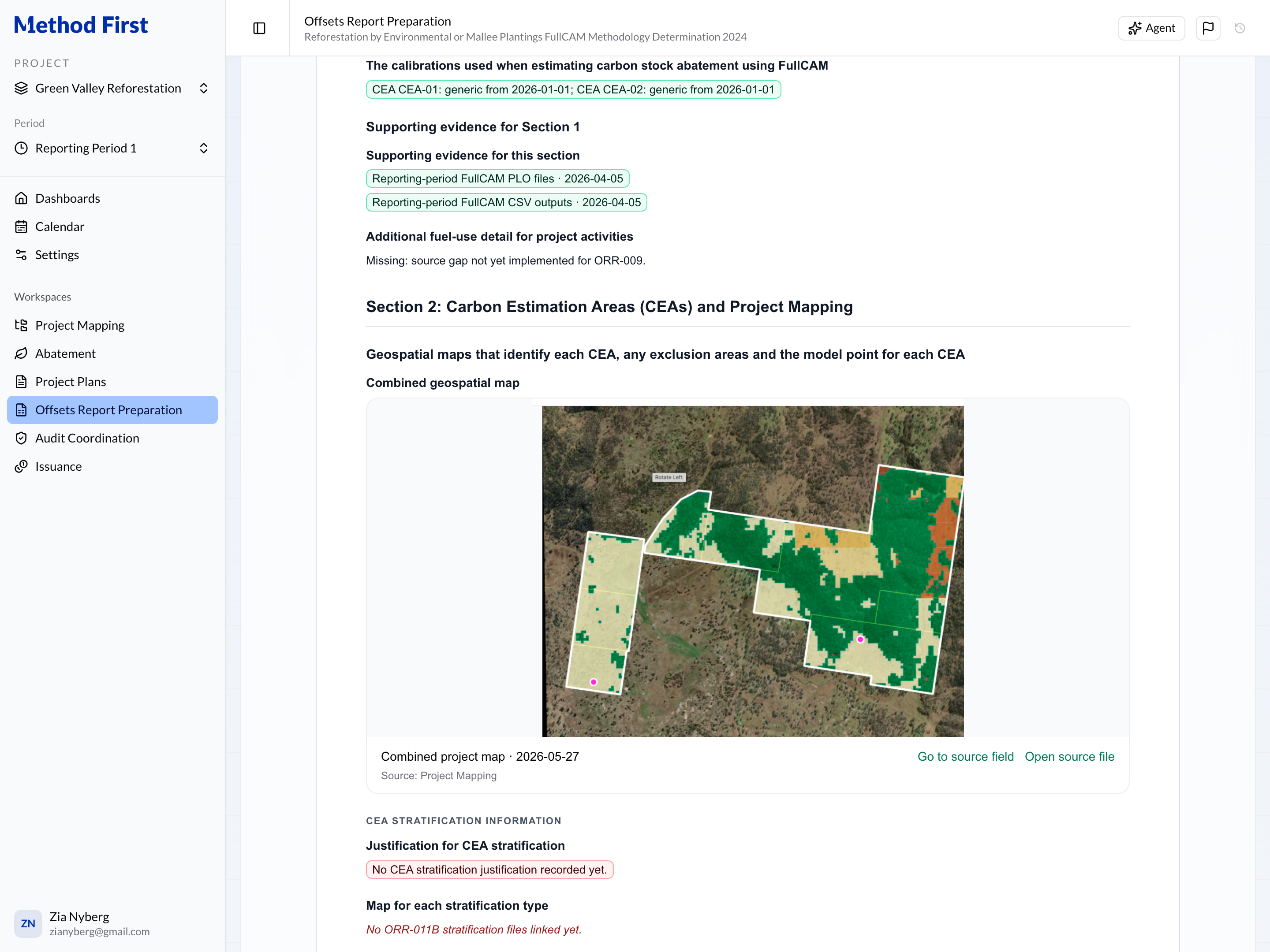 Method First offsets report preparation screen showing the combined geospatial map